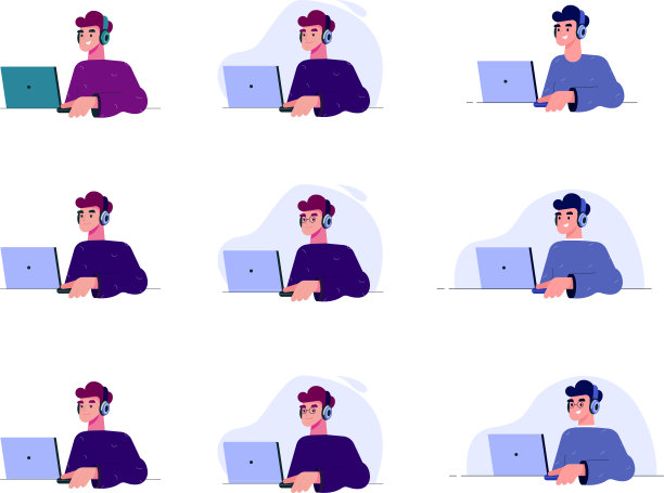 年轻人在电脑前工作。组照片. .平面风格的颜色现代矢量插图。图片下载