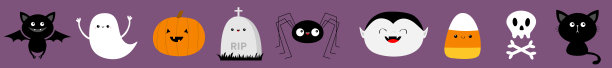 万圣节快乐线套。蝙蝠、玉米糖、幽灵、南瓜、猫、德古拉、骷髅、蜘蛛、墓碑。可爱的卡通卡哇伊有趣的婴儿角色。平面设计。紫色的背景。孤立。图片下载