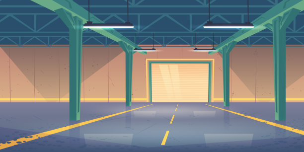 空仓库内部破碎的卷帘门图片下载