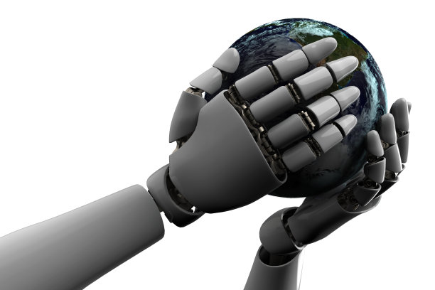 3D渲染行星地球上的机器人手孤立与剪辑路径在白色背景库存照片图片下载