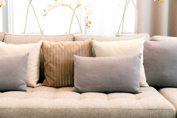 近距离装饰客厅漂亮沙发上的软织物枕头设计理念图片下载