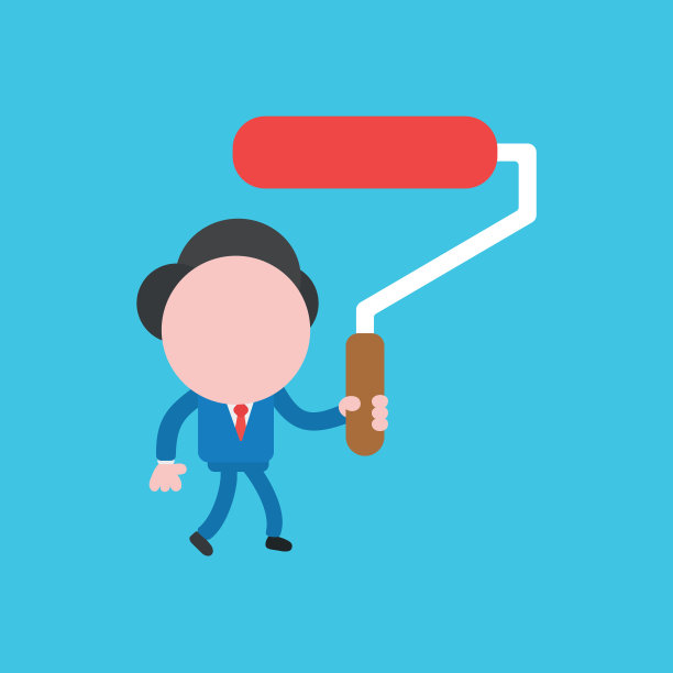 矢量插图的商人人物行走和持有油漆滚筒刷。素材图片