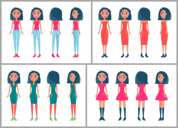 黑发女人时尚的服装从四面八方设置图片下载