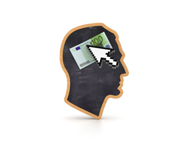 人类头部形状与欧元比尔和鼠标指针- 3D渲染图片下载