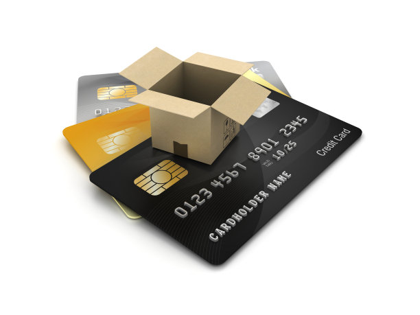 信用卡与纸板箱- 3D渲染图片下载