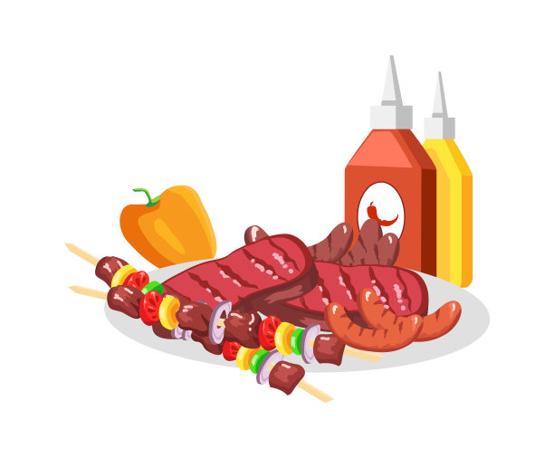 烧烤食物在白色盘子，矢量插图图片下载