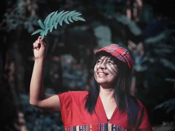 女人手在绿色热带森林中拿着蕨类叶子遮阳图片下载