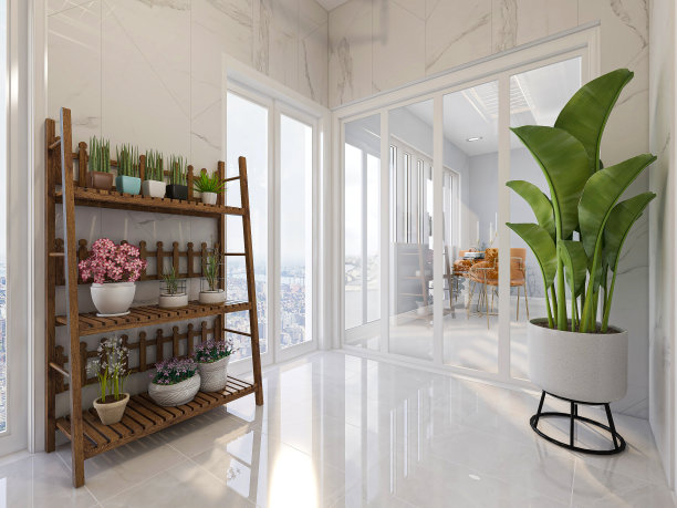 3D效果图，宽敞明亮的城市住宅封闭式阳台设计，绿色植物和家用电器看起来休闲舒适图片下载