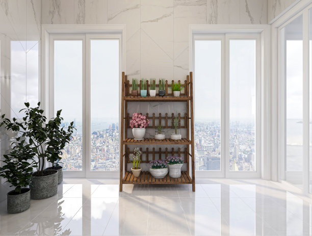 3D效果图，宽敞明亮的城市住宅封闭式阳台设计，绿色植物和家用电器看起来休闲舒适图片下载