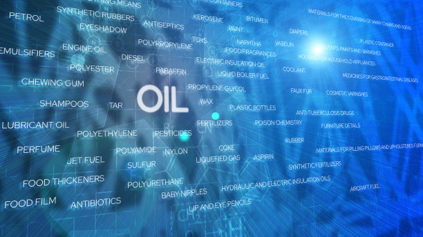 屏幕上的单词“油”及其衍生物以蓝色背景显示。化学工业的概念。图片下载