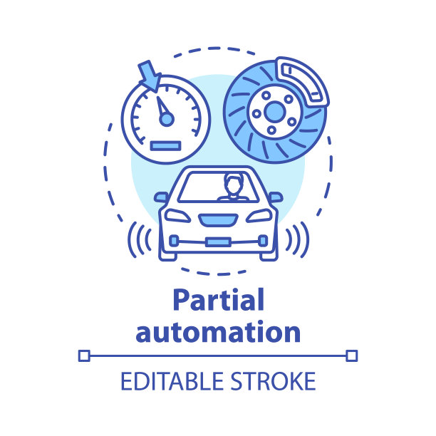 部分自动化概念图标。具有巡航控制和停车传感器的车辆。电子汽车系统的驾驶员构想细线插图。矢量孤立轮廓绘制。可编辑的中风图片下载