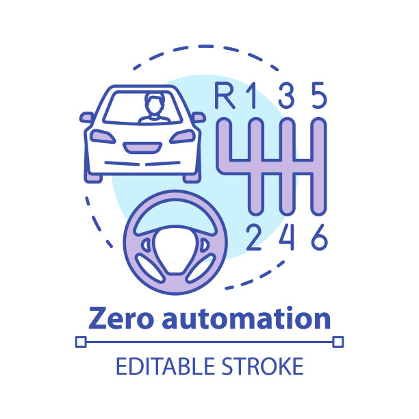 零自动化概念图标。手动变速箱的汽车。车辆、变速箱、方向盘。驾校理念细线插图。矢量孤立轮廓绘制。可编辑的中风图片下载