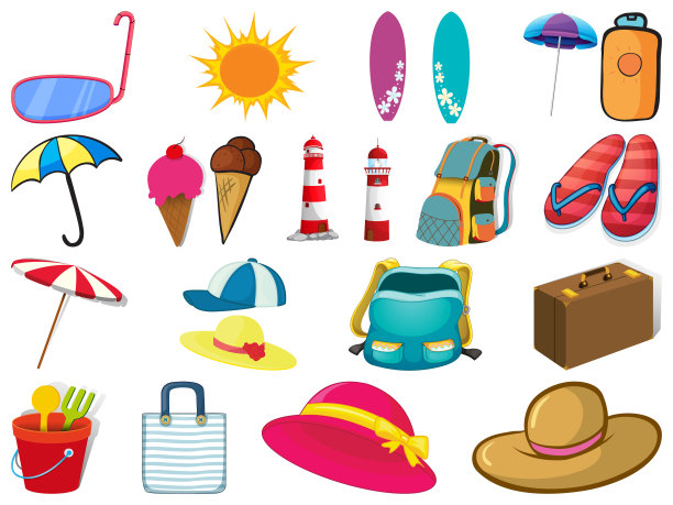 白色背景上的大组不同的夏季物体图片下载