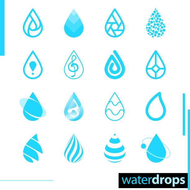 一组水花和水滴。平的斑点。标志,标志,标签。生态水、天然产品、有机、油、蓝水、液体。水的图标集。矢量图图片下载