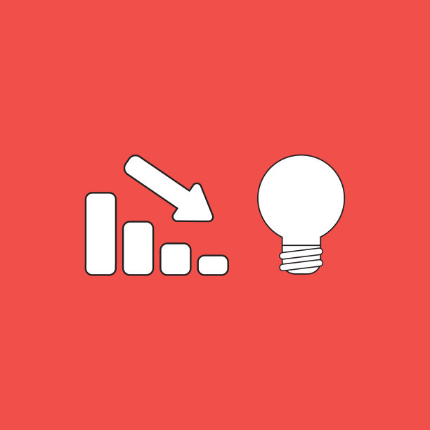 矢量图标概念的销售条形图与箭头指向下，灯泡象征着坏的想法。图片下载