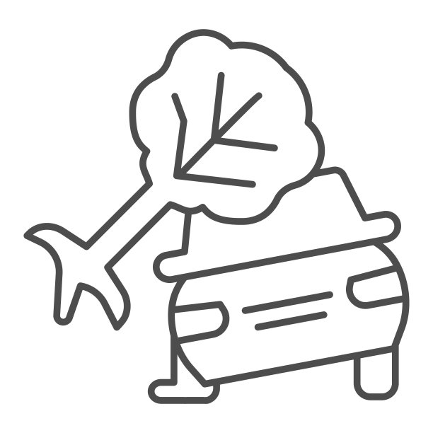 撞车后的汽车风暴细线图标。汽车损坏被倒下的树符号，轮廓风格象形文字在白色的背景。交通事故标志移动概念，网页设计。矢量图形。图片下载