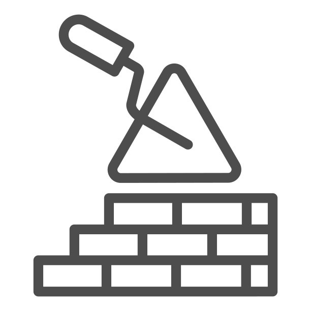 砌砖和泥铲线图标。抹刀工具和建筑砖墙符号，白色背景上轮廓风格象形文字。建筑标识的移动概念或网页设计。矢量图形。图片下载