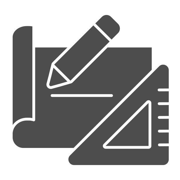 建筑计划坚实的图标。项目工具，纸用铅笔和尺子符号，象形文字风格的象形文字在白色背景上。建筑标识的移动概念和网页设计。矢量图形。图片下载