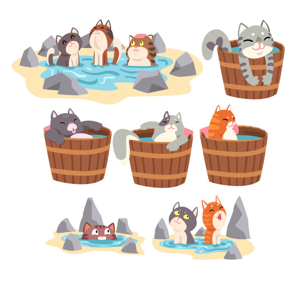 有趣的猫采取日本温泉浴集，可爱的宠物动物享受水疗程序矢量插图图片下载