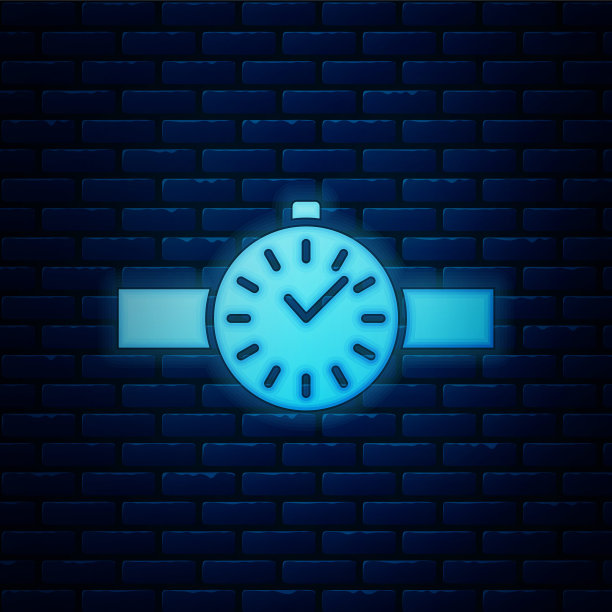 发光的霓虹灯腕表图标孤立在砖墙背景上。手表图标。矢量图图片下载