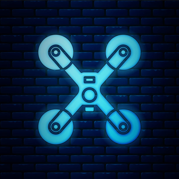 发光的霓虹灯无人机飞行图标孤立在砖墙背景上。带有视频和照片相机符号的四轴飞行器。矢量图图片下载