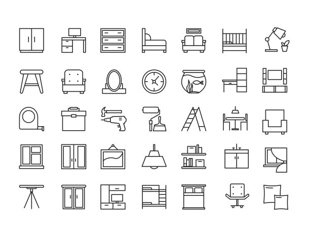 家具，设备和装饰对象轮廓线图标矢量插图集图片下载