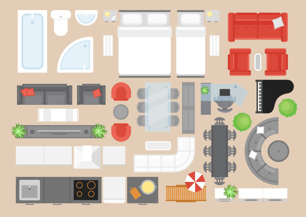 公寓家具平面矢量插图集。现代风格住宅室内装饰设计元素包。当代卧室，浴室，厨房和客厅家具项目俯视图。图片下载