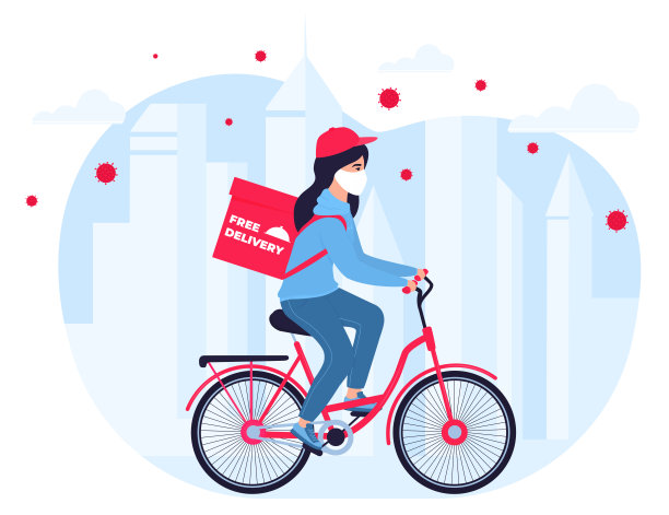 新型冠状病毒肺炎隔离。冠状病毒流行。戴着防护面具的送餐女孩骑自行车送餐。免费送货。图片下载