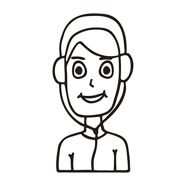 年轻人戴着耳机听音乐。白色背景孤立轮廓矢量插图图片下载