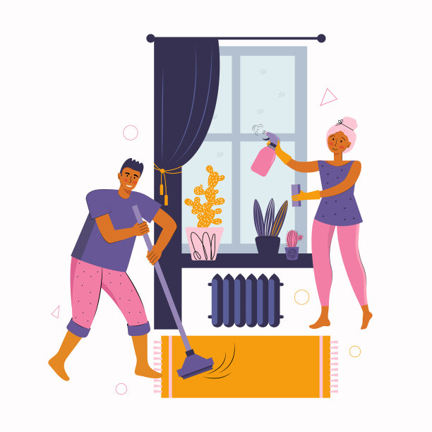 男人和女人一起呆在家里。一对年轻夫妇正在打扫房间，消毒，擦窗户，扫地。一起呆在家里。花时间呆在家里。幸福的家庭。图片下载