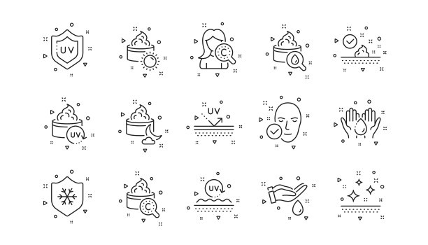 护肤系列图标。胶原蛋白，乳霜，精华油和护肤品。线性集。向量图片下载