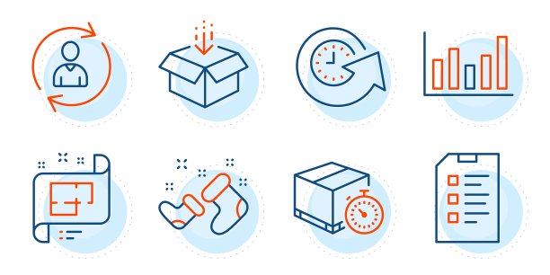 更新时间，检查表和人员信息图标设置。交付计时器，获得框和柱图表标志。向量图片下载