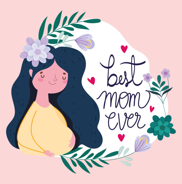 母亲节快乐，佩戴鲜花的孕妇与爱心装饰卡片图片下载