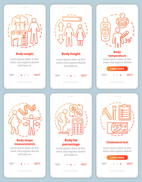 身体测量登陆手机app页面屏幕矢量模板。体重，身高和温度。用线性插图演练网站步骤。UX, UI, GUI智能手机界面概念图片下载