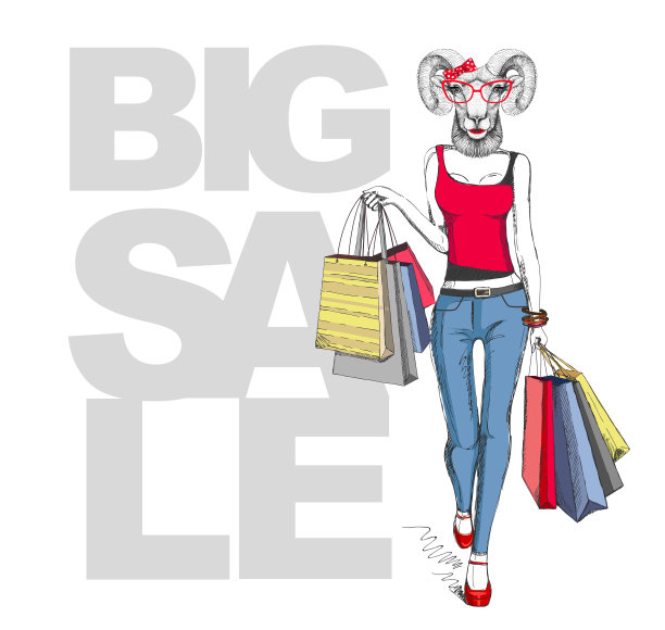 复古潮的动物公羊或mouflon。大销售潮人海报与女模特图片下载