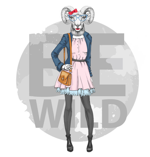 复古潮人时尚动物羊或mouflon。女人的模型图片下载