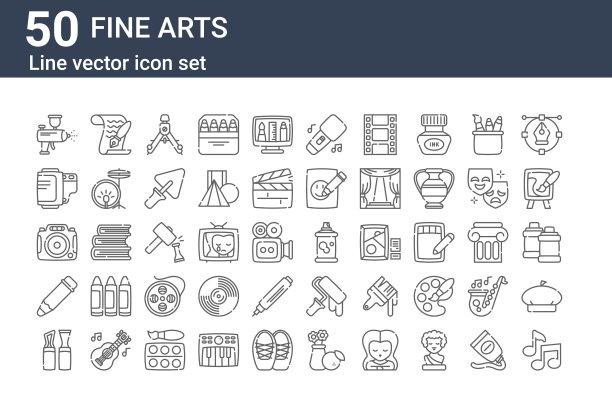 一套50个美术图标。勾勒细线图标，如抖动器，模型，铅笔，照相机，胶卷，纸图片下载
