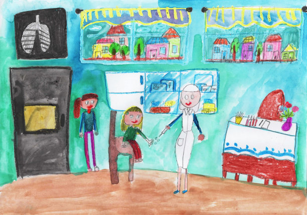 孩子们坐在病床上接受疫苗注射的图画。儿童风格的铅笔艺术图片下载