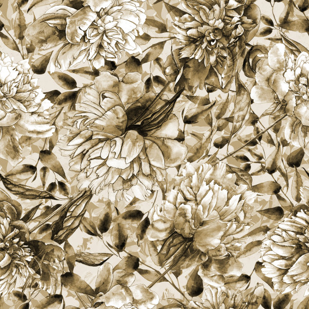 水彩艺术图案的叶子和牡丹。花卉无缝模式。壁纸，背景，包装，包装纸，纺织品，织物，封面设计。图片下载