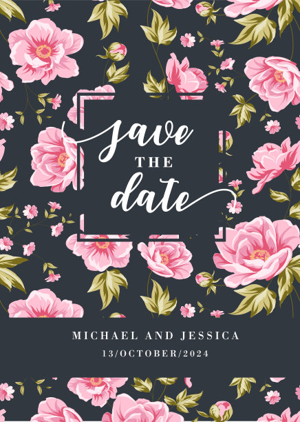 灰底粉红牡丹的婚礼请柬。图片下载