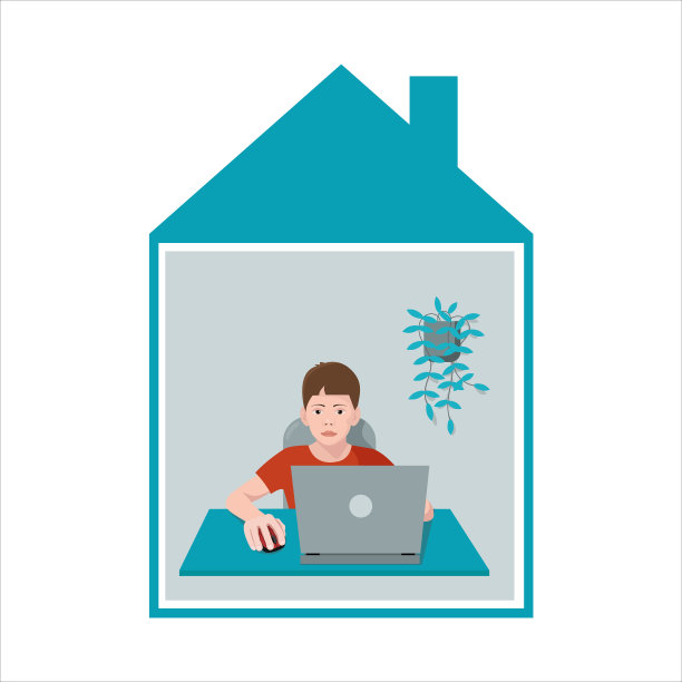 远程家庭在线培训。一个带着笔记本电脑的男生坐在家里的一张桌子旁，听学校的课。矢量平面插图。个人和远程学习的概念。图片下载