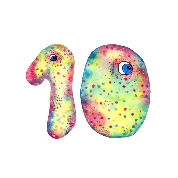 手绘水彩数字10与眼睛孤立的白色背景。恐龙风格的象征，用于生日聚会和其他活动。怪物唐宁街十号。图片下载