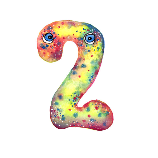 手绘水彩2号与眼睛孤立的白色背景。恐龙风格的象征，用于生日聚会和其他活动。怪物2号。图片下载