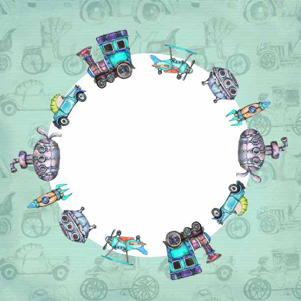 水彩手绘艺术线条艺术复古蒸汽朋克汽车框架复古贺卡模型模板与文本空间图片下载