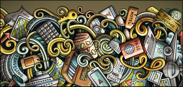 旅行手绘涂鸦横幅。卡通详细的传单。图片下载