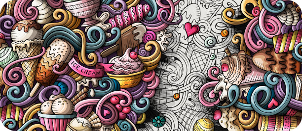 冰淇淋手绘涂鸦横幅。卡通详细的传单。图片下载