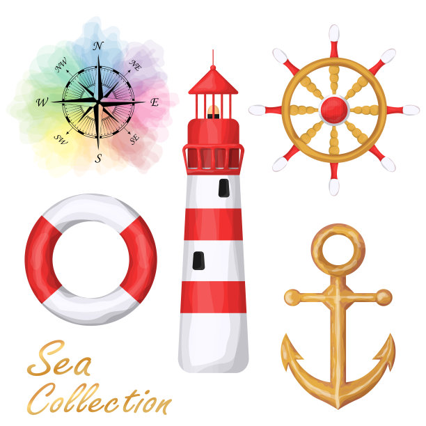 灯塔、锚、救生圈、船舵、起风。图片下载