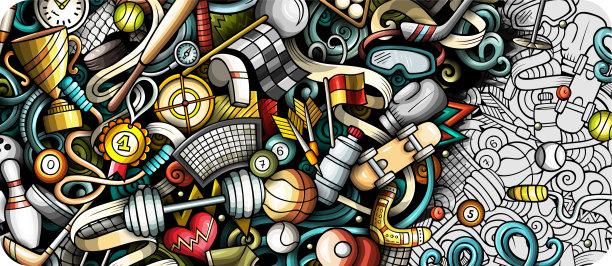 体育手绘涂鸦横幅。卡通详细的传单。图片下载