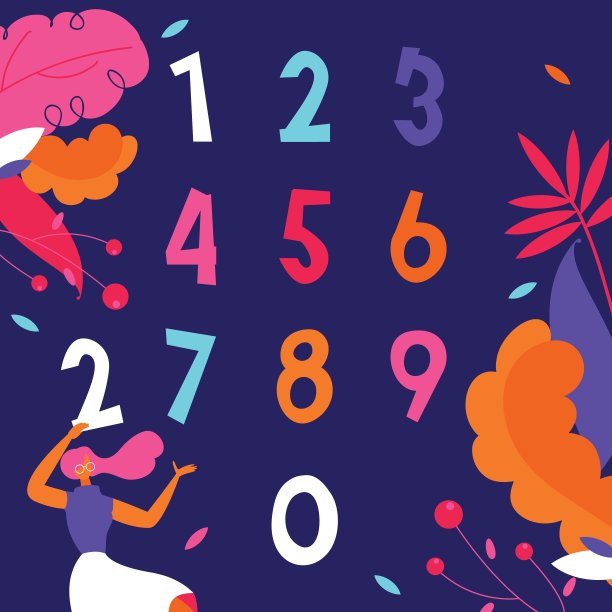 向量组彩色数字装饰与树叶和花卉元素图片下载