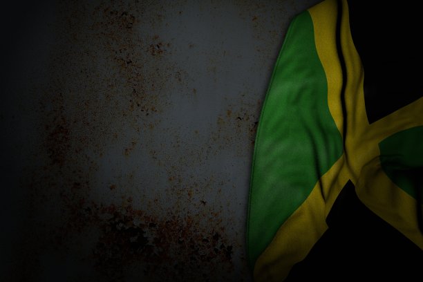 美丽的牙买加国旗的黑色图片与大折叠生锈的金属与空的地方为您的内容-任何庆祝旗3d插图图片下载